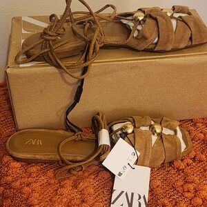 Zara Brown Adjustable Tie Up Sandals with Gold Details